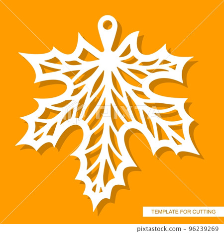 Leaf pendant. White openwork maple leaf on yellow background. Hanging decoration, keychain on the theme of plants, nature. Template for plotter laser cutting of paper, metal engraving, wood carving. 96239269