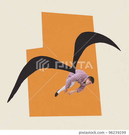 Contemporary art collage. Conceptual image. Young man in furry coat flying with bird nowhere. Feeling tired. Apathy 96239299