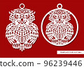 Owl pendant set. Christmas ball, decorative hanging toy, jewelry decoration, trinket with a bird. Template for plotter laser cutting of paper, metal engraving, wood carving, cnc. Vector illustration. 96239446