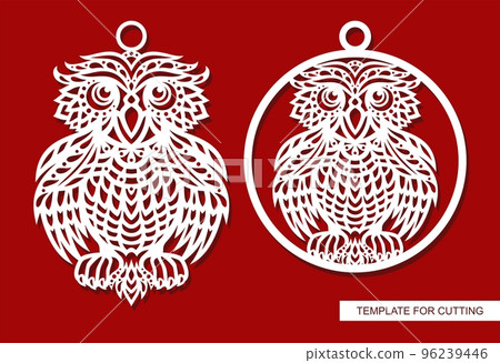 Owl pendant set. Christmas ball, decorative hanging toy, jewelry decoration, trinket with a bird. Template for plotter laser cutting of paper, metal engraving, wood carving, cnc. Vector illustration. 96239446