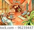 A woman in a bathrobe relaxing in a lounge such as an esthetic salon or spa 96239447