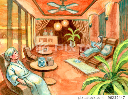 A woman in a bathrobe relaxing in a lounge such as an esthetic salon or spa 96239447