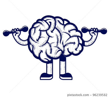 Brain with dumbbells in gym, intellect pumping, strong mind, vector 96239582