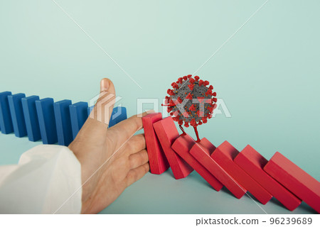 Concept of covid19 coronavirus pandemic with falling chain like a domino game. Contagion and infection progression. Cyan background 96239689
