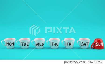 Working week concept. White weekday coffee cups and festive red cup turned upside down Working week concept. White weekday coffee cups and festive red cup turned upside down 96239752