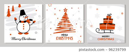 Set card Merry Christmas, hand drawn. Red and black Christmas trees, snowman, Set card Merry Christmas, hand drawn. Red and black Christmas trees, snowman, 96239799