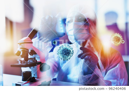 Doctor in the laboratory analyzes samples under a microscope. Pharmaceutical treatment concept. 96240406