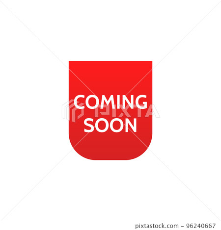 Coming soon promo labels. Red ribbons. Vector bage and banners 96240667