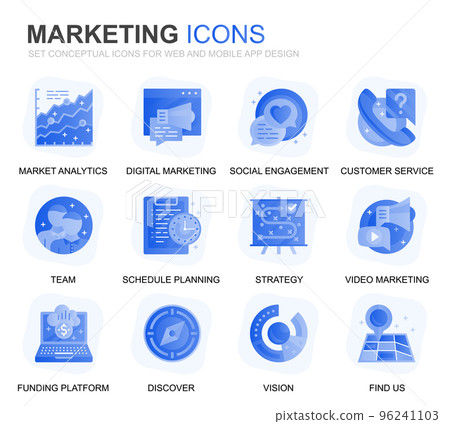 Modern Set Business and Marketing Gradient Flat Icons for Website and Mobile Apps. Contains such Icons as Vision, Mission, Planning, Market. Conceptual color flat icon. Vector pictogram pack. Modern Set Business and Marketing Gradient Flat Icons for Website and Mobile Apps. Contains such Icons as Vision, Mission, Planning, Market. Conceptual color flat icon. Vector pictogram pack. 96241103