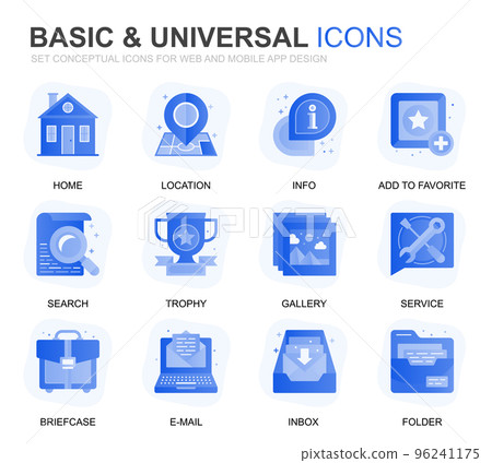 Modern Set Basic Gradient Flat Icons for Website and Mobile Apps. Contains such Icons as Location, Briefcase, Lamp, Support, Business, Award. Conceptual color flat icon. Vector pictogram pack. 96241175