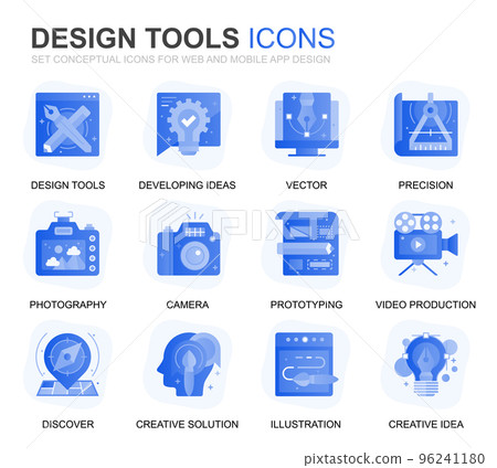 Modern Set Design Tools Gradient Flat Icons for Website and Mobile Apps. Contains such Icons as Creative, Developing, Precision, Vision, Sketch. Conceptual color flat icon. Vector pictogram pack. 96241180