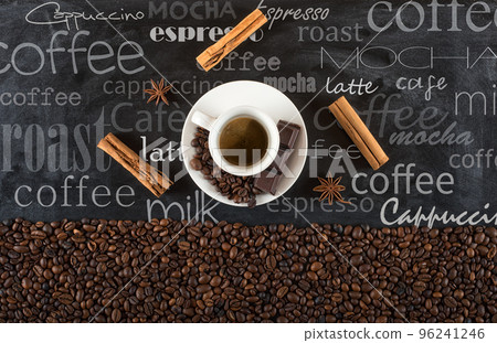 Background of cup coffee beans with cinnamon and anise 96241246