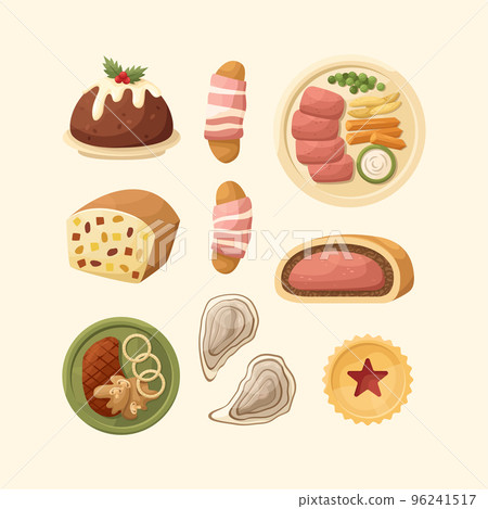 Vector set of illustrations of English dishes. Kitchen for New Year and Christmas. Flat style. 96241517
