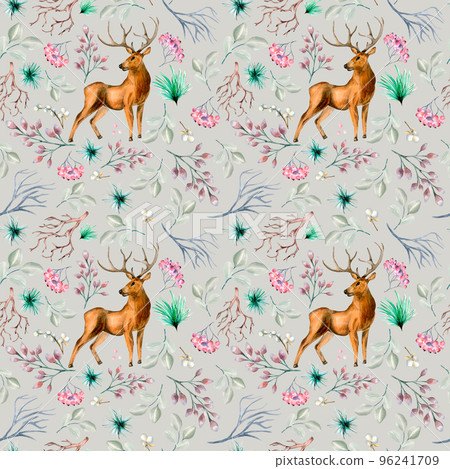 Winter plants and deer watercolor seamless pattern isolated on grey. 96241709