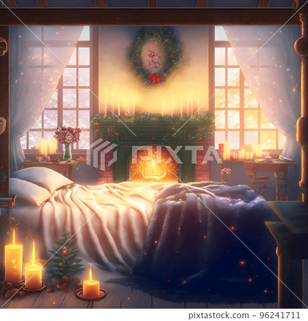 cozy christmas interior with large window bed, fireplace and candles, neural network generated art cozy christmas interior with large window bed, fireplace and candles, neural network generated art 96241711