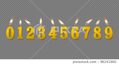Vector 3d Realistic Paraffin or Wax Burning Yellow Birthday Party Candles, Numbers and Different Flame of a Candle Icon Set Isolated. Design Template, Clipart, Birthday Concept. Top View 96241860