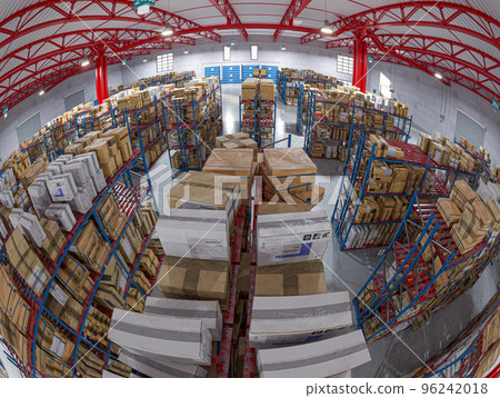 fisheye wide angle view of a warehouse interior. 96242018
