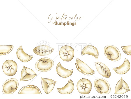 Banner with hand drawn chinese dumpling. Asian steamed food. Homemade wrapper with filling. Traditional cuisine for asian menu, restaurant and recipe. Savoury dumpling made from dough. 96242059