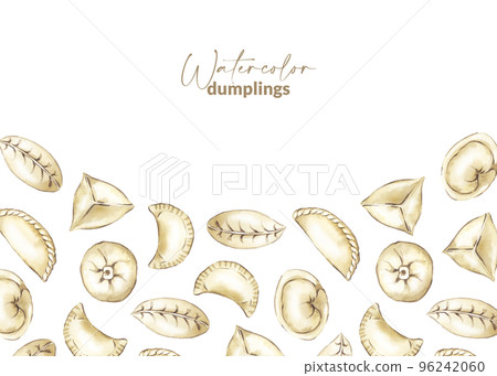 Border design with hand drawn chinese dumpling. Asian steamed food. Homemade wrapper with filling. Traditional cuisine for asian menu, restaurant and recipe. Savoury dumpling made from dough. Border design with hand drawn chinese dumpling. Asian steamed food. Homemade wrapper with filling. Traditional cuisine for asian menu, restaurant and recipe. Savoury dumpling made from dough. 96242060