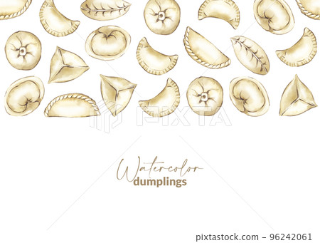 Border with hand drawn chinese dumpling. Asian steamed food. Homemade wrapper with filling. Traditional cuisine for asian menu, restaurant and recipe. Savoury dumpling made from dough. 96242061