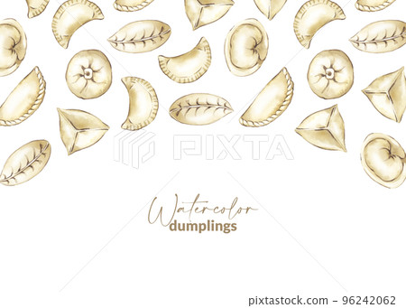 Design with hand drawn chinese dumpling. Asian steamed food. Homemade wrapper with filling. Traditional cuisine for asian menu, restaurant and recipe. Savoury dumpling made from dough. 96242062