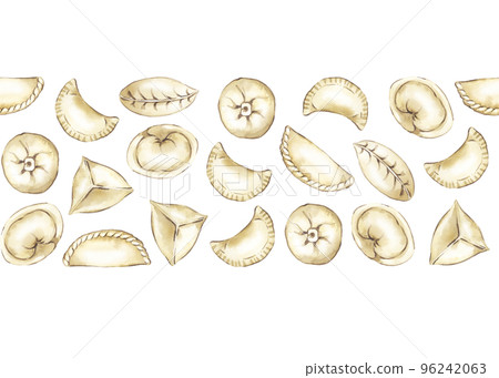 Seamless banner with hand drawn chinese dumpling. Asian steamed food. Homemade wrapper with filling. Traditional cuisine for asian menu, restaurant and recipe. Savoury dumpling made from dough. 96242063