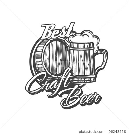 Craft beer brewery icon with tankard and barrel. Beer pub, bar or local brewery manufacture monochrome vector emblem, retro icon with beer foam on wooden mug, keg and vintage typography Craft beer brewery icon with tankard and barrel. Beer pub, bar or local brewery manufacture monochrome vector emblem, retro icon with beer foam on wooden mug, keg and vintage typography 96242238