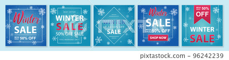 Winter and Christmas Sale square template set for ads posts in social media. Bundle of layouts with snowflakes and discounts. Suitable for mobile apps, banner design and web ads. Vector illustration. 96242239