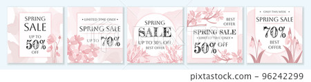 Spring Sale square template set for ads posts in social media. Bundle of pink layouts with seasonal flowers and wildflowers. Suitable for mobile apps, banner design and web ads. Vector illustration. Spring Sale square template set for ads posts in social media. Bundle of pink layouts with seasonal flowers and wildflowers. Suitable for mobile apps, banner design and web ads. Vector illustration. 96242299