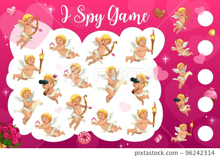 I spy game worksheet, cartoon cupid angels, hearts and love gifts, vector puzzle. I spy riddle game to find and match funny Valentine cupid angels with bow arrows, love letter, flowers and candy cakes I spy game worksheet, cartoon cupid angels, hearts and love gifts, vector puzzle. I spy riddle game to find and match funny Valentine cupid angels with bow arrows, love letter, flowers and candy cakes 96242314