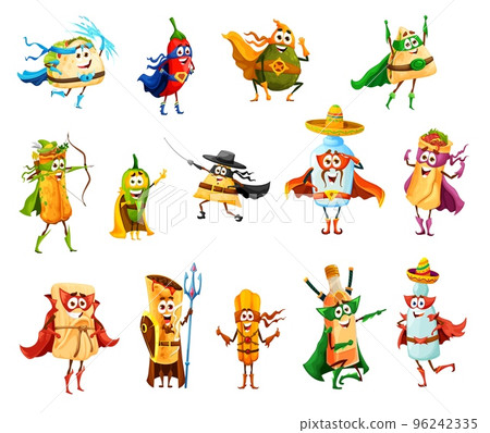 Tex mex mexican food superhero and defender characters. Isolated vector tacos, burrito, chili pepper and nachos, enchiladas, jalapeno, tamale and chimichanga with tequila, churros, mezcal and pulque Tex mex mexican food superhero and defender characters. Isolated vector tacos, burrito, chili pepper and nachos, enchiladas, jalapeno, tamale and chimichanga with tequila, churros, mezcal and pulque 96242335