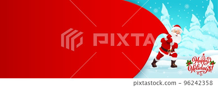 Christmas banner with santa and big gifts bag. Cartoon Noel with red sack frame in snowy forest. Vector christmas seasonal greeting card or placard template with funny Santa deliver new year presents 96242358