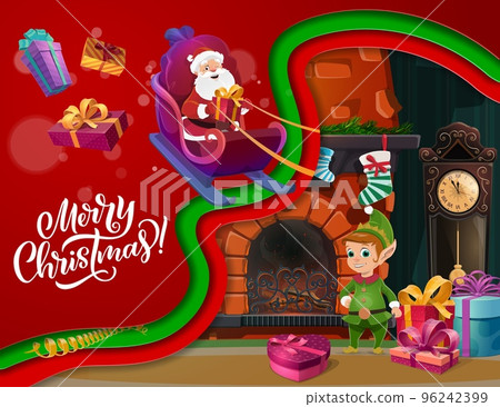 Christmas paper cut Santa, gnome and gifts near fireplace and socks. Vector winter holiday characters with layered papercut waves. Cartoon Santa delivering Xmas gifts and presents on Christmas sleigh Christmas paper cut Santa, gnome and gifts near fireplace and socks. Vector winter holiday characters with layered papercut waves. Cartoon Santa delivering Xmas gifts and presents on Christmas sleigh 96242399
