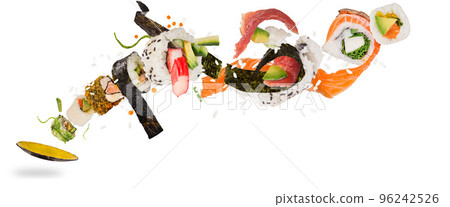 Pieces of delicious japanese sushi frozen in the air. Isolated on white background 96242526