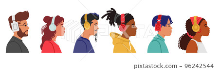 Set Young Stylish Men And Women Wear Headphones Profile View. Trendy Hipster Teenager Characters Vector Illustration Set Young Stylish Men And Women Wear Headphones Profile View. Trendy Hipster Teenager Characters Vector Illustration 96242544