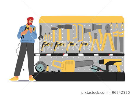 Male Character Choose Tools and Instruments in Hardware Shop. Man Looking for Devices for Fixing, Carpentry, Renovation Male Character Choose Tools and Instruments in Hardware Shop. Man Looking for Devices for Fixing, Carpentry, Renovation 96242550