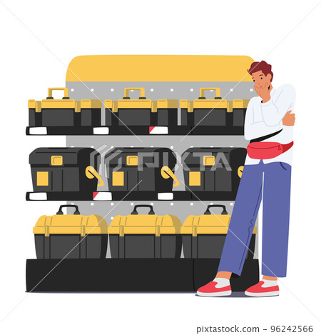 Male Character Choose Toolbox For Instruments In Hardware Shop. Man Stand At Shelf With Different Goods Male Character Choose Toolbox For Instruments In Hardware Shop. Man Stand At Shelf With Different Goods 96242566