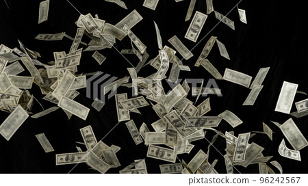 Falling Banknotes Dollars on Black Background, Freeze Motion Falling Banknotes Dollars on Black Background, Freeze Motion 96242567