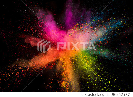 Freeze motion shot of color powder explosion isolated on black background 96242577