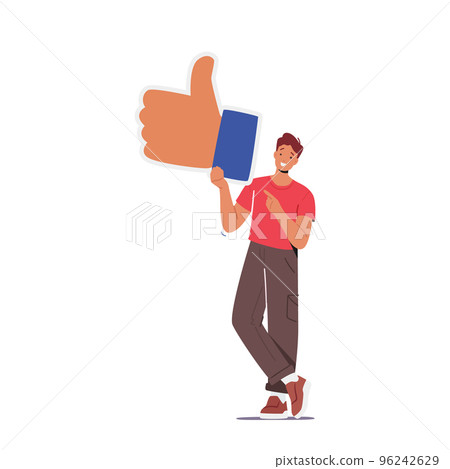 Social Media Interaction, Social Network Communication On Mobile App Concept. Male Character Holding Big Thumb Up 96242629