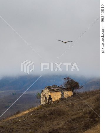Vertical view of old family crypt on a misty mountain slope. Old Erzi tower complex in the Jeyrah gorge, located on the extremity of the mountain range in Ingushetia, Russia. Vertical view of old family crypt on a misty mountain slope. Old Erzi tower complex in the Jeyrah gorge, located on the extremity of the mountain range in Ingushetia, Russia. 96243019