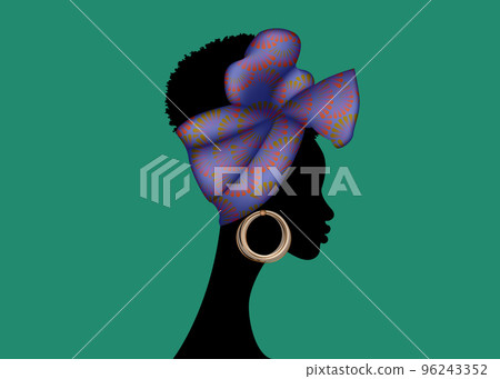 Portrait African woman wears bandana for curly hairstyles. Shenbolen Ankara Head wrap Women. Afro Traditional Headtie Scarf Turban in tribal flowers fabric design texture. Vector isolated Portrait African woman wears bandana for curly hairstyles. Shenbolen Ankara Head wrap Women. Afro Traditional Headtie Scarf Turban in tribal flowers fabric design texture. Vector isolated 96243352