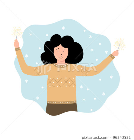 Christmas and New Year celebrations. A cute girl in cartoon style with burning sparklers Christmas and New Year celebrations. A cute girl in cartoon style with burning sparklers 96243521