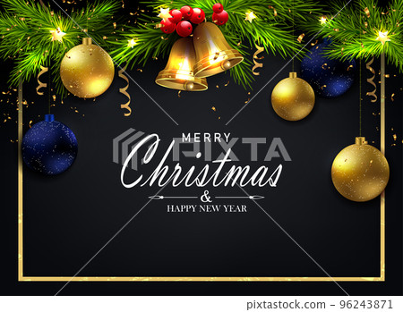 Christmas black card, coniferous garland and balls on pendants 96243871