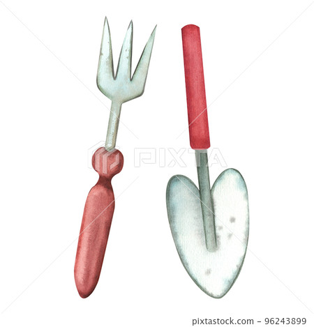 Gardening tools, a shovel for the earth and a rake with a brown handle. All elements are hand-painted in watercolor on a white background. Suitable for printing on packaging, in books Gardening tools, a shovel for the earth and a rake with a brown handle. All elements are hand-painted in watercolor on a white background. Suitable for printing on packaging, in books 96243899