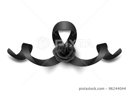 Vector Black Silk Ribbon with Black Rose. Design Template for Funeral Card, Banner, Invitation. Black Awareness Ribbon Isolated on White Background, Icon for Pray, Mourning Symbol 96244044