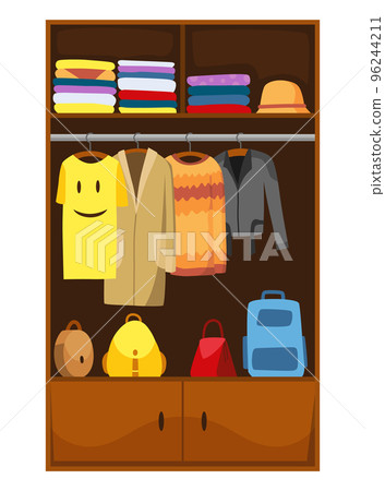 Clothes wardrobe room full of woman clothes. Furniture with shelves for accessories. Boutique interior design concept. Flat style vector illustration Clothes wardrobe room full of woman clothes. Furniture with shelves for accessories. Boutique interior design concept. Flat style vector illustration 96244211