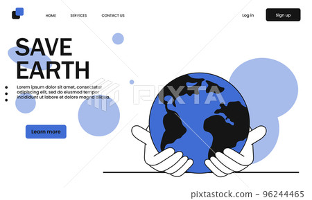 Save Earth and hands holding planet vector illustration concept. Ecology world and global nature environment. Protect and organic friendly. Volunteer eco help and international support ecological 96244465