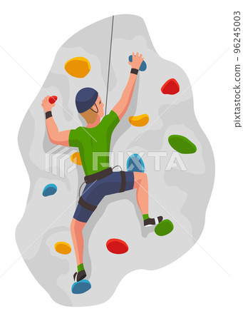 Mountain climbing person. Climber men on rock mountain with equipment. Extreme outdoor sports. Man overhang from rock Mountain climbing person. Climber men on rock mountain with equipment. Extreme outdoor sports. Man overhang from rock 96245003