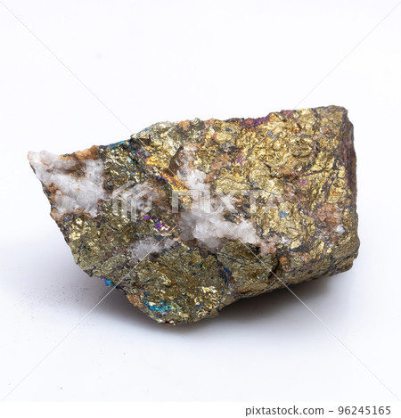 Natural stone chalcopyrite on a white background. Mineral of golden color on a white background 96245165